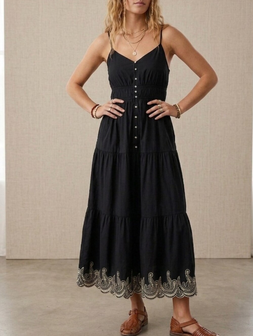 New Gap 100% Cotton Black Eyelet Tiered Tank Maxi Dress White Embroidery Size XL